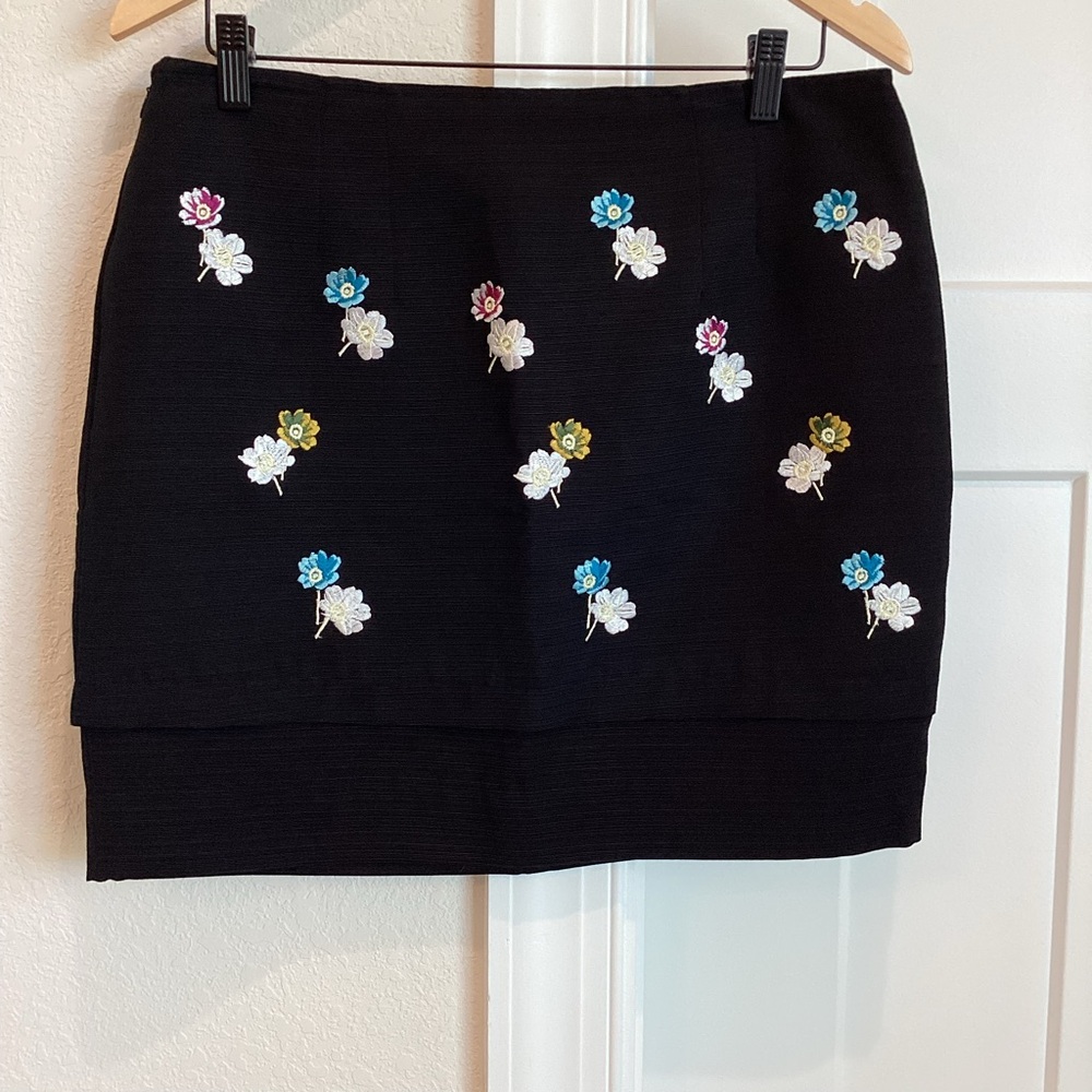 Anthropologie Black Silk Mini Skirt with Multicolor Floral Embroidery